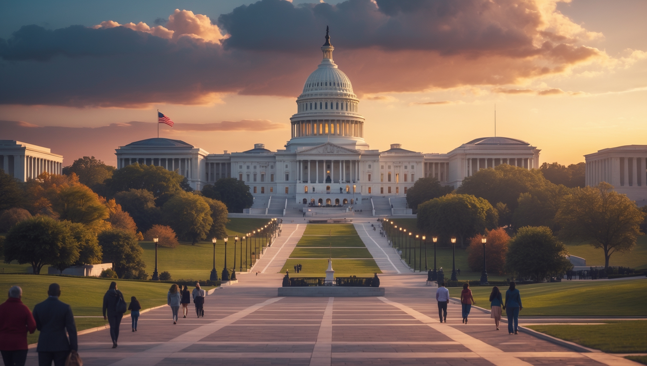 a high-contrast cinematic photograph of the United States Capitol building on Capital Hill in Washington DC, captured with a wide-angle lens, featuring a dramatic sky with warm golden hour lighting, majestic columns and dome prominently displayed, with lush greenery and walking paths in the foreground, people of diverse skin colors and ages walking in the surroundings, with a mix of modern and historic architectural styles in the background, the American flag waving on top of the building, with a shallow depth of field to emphasize the grandeur of the Capitol, shot in a landscape orientation with a slight vignette to draw the viewer's attention to the center of the image.