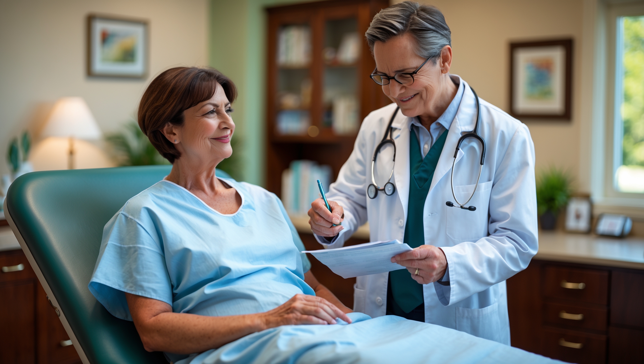 a professional photograph of a patient sitting on an examination table in a doctor's office receiving a check up, with a friendly and experienced doctor standing over them taking notes, the patient is a middle-aged adult with a calm expression, short brown hair, and a gentle smile, wearing a light blue hospital gown, the doctor is wearing a white lab coat, stethoscope around their neck, and a pair of reading glasses perched on the end of their nose, the room is filled with natural light, with a warm and inviting color palette, including beige walls, dark wood furniture, and soft green accents, the photography style is crisp and clear, with a shallow depth of field, focusing attention on the patient and doctor.