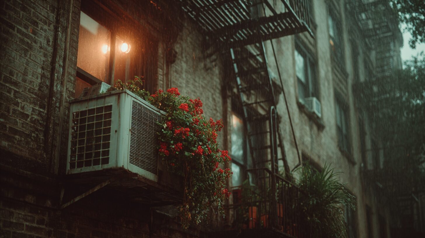 photography of a window unit air conditioner handing out of a window of a new york city building that is not a good condition
